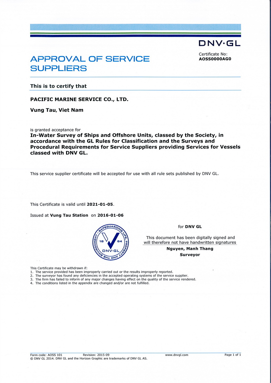 DNVGL #39 s in water survey certificate PMS